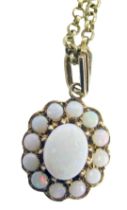 A 9ct gold and opal floral pendant and chain, the oval pendant set with an arrangement of oval and r