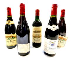 Five bottles of French red wine, comprising three bottles of Cote Brouilly 2009, a bottle of Savigny