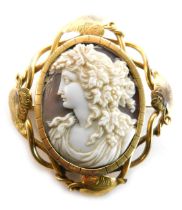 A 19thC carved oval cameo brooch, with classical female bust, profusely carved with fruiting vine or