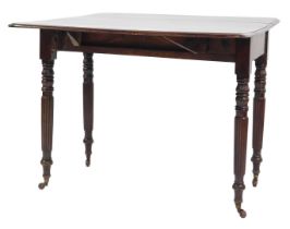 A George IV mahogany Pembroke table, with a single frieze drawer, raised on turned and fluted legs,