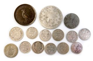 A group of silver and other coinage, to include a Victorian 1874 half crown, Edward VII threepences,