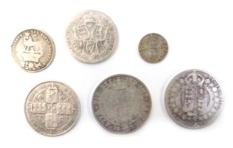 Three Victorian silver coins, comprising an 1889 half crown, 1896 half crown, 1900 florin, together