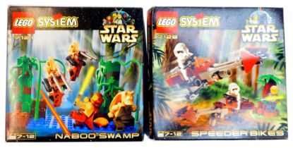 Two Star Wars Lego System sets, comprising Speeder Bikes, 7128, and Naboo Swamp, 7121, boxed.