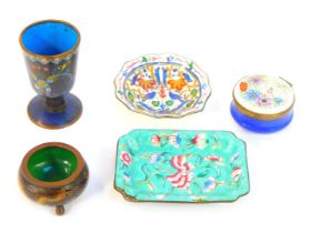 A Chinese cloisonne enamel cup, floral decorated, a circular salt, of cauldron form, decorated with