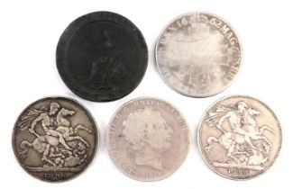 A Charles II silver crown 1662, a George III crown 1819, two Victorian crowns 1889 and 1896, and a G