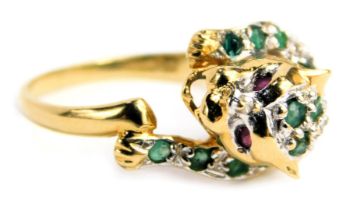 A modern 18ct gold leopard ring, fashioned as a head and legs of a leopard, in a leaping pose, set w