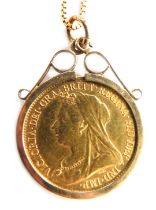 A Victorian gold half sovereign 1893, in spring pendant mount and yellow metal box link chain, marke