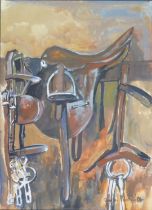 Douglas Matthew (late 20thC School). Equestrian related, study of a saddle and other tack, gouache,