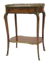 A late 19thC Louis XV style mahogany side table, with a brass pierced gallery, over a frieze drawer,