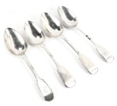 Four George III silver fiddle pattern dessert spoons, initial engraved, London 1763, 1792 and 1794,