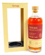 A bottle of Arran Private Cask Twelve Year Old Single Malt Scotch Whisky, boxed.