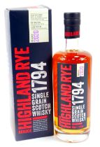 A bottle of Arbikie 1794 Highland Rye Single Grain Scotch Whisky.
