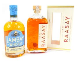 A bottle of Lambay Small Batch Blended Irish Whiskey, together with a bottle of Isle of Raasay Hebri