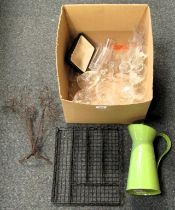 A green metal water jug, together with various drinking glasses, metal cutlery tray, Le Creuset butt