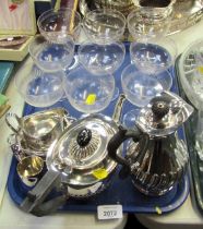 Plated wares, to include teapot, milk jug, coupe glasses, etc. (1 tray)