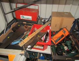 Various tools, to include a cantilever toolbox, saw, set square, Selmar auto battery charger, a halo