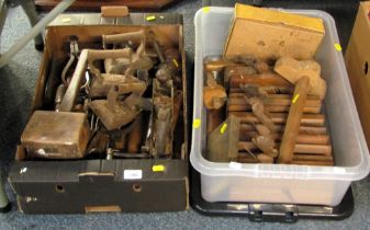 Various tools, to include moulding block planes, mallet, vices, cast irons, etc. (2 boxes)