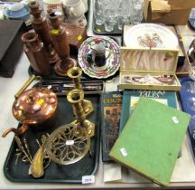 Copper and brass wares, to include copper kettle, brass candlesticks, trivet, turned oak candlestick