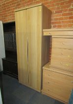 A modern oak veneer double wardrobe, 194cm high, 74cm wide, 51cm deep, together with a three drawer