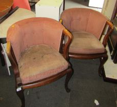 Two hardwood framed armchairs, with pink upholstery, together with a marble top D end table, various