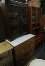 A group of furniture, comprising a mahogany display cabinet with astragal glazed doors, mid century