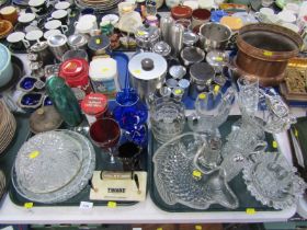 Various plated wares, part cruets, cut glass bowl, coloured glassware, moulded glass fish dish, etc.