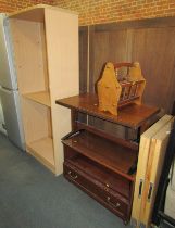 A group of furniture, to include an oak coffee table, open bookcase, magazine rack, wallpaper pastin