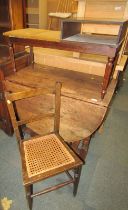 An oak gate leg table, together with a telephone table and a bedroom chair. The upholstery in this
