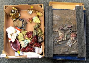 A bronze Art Gallery wall plaque, together with various Oriental figures, etc. (1 box and loose)