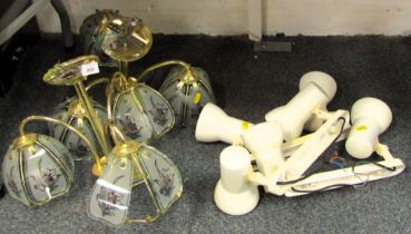 A pair of 20thC brass three branch ceiling lights, with floral decorated glass shades, together with