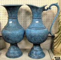 A blue painted cast metal vase, 50cm high, and a matching ewer.