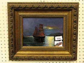 J Martinez Pedrajas (20thC School). Sailing boat at dusk, oil on panel, signed, 16cm x 22cm, in gilt