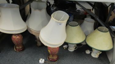 Various table lamps, together with a brass waste paper bin.