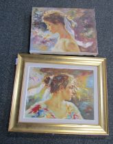 20thC School. Portrait studies of two young women, over painted prints, unsigned, 31cm x 41cm, one f