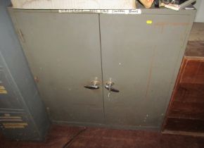 A grey painted metal two door cabinet, 101cm high, 93cm wide, 47cm deep.