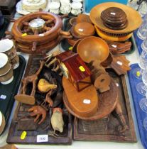 Various treen, to include bowls, African animal figures, coasters, novelty barometer ship's wheels,