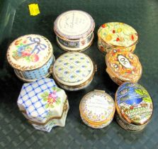 A group of enamel and porcelain trinket boxes, to include a Staffordshire enamelled pill box, decora