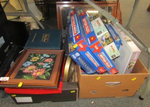 Various puzzles, board games, etc., to include Trivial Pursuit, embroidered floral picture, Royal Wo