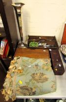 A Japanese lacquer glove box, 30cm wide, together with an oak canteen containing flatware, plated va