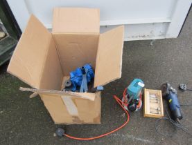 A Black and Decker electric router, angle grinder, various power tool attachments, etc.