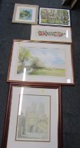 Various pictures, prints, etc., to include S Betts, landscape study depicting cattle beside river, w