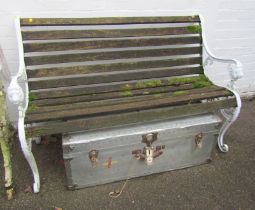 A garden bench, with cast metal ends, with slatted seat and back, together with a metal trunk. (2)