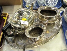 A silver plated part tea service, together with a pierced gallery tray.