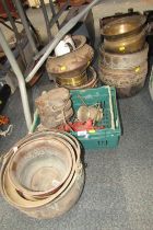 Various brass jardinieres, helmet shaped coal scuttle, mincers, etc. (a quantity)