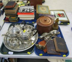 A pewter four piece tea service, together with circular tray, loose flatware, to include ladle, tabl