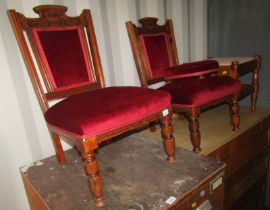 A pair of Victorian mahogany chairs, together with a matching footstool and a pine framed stool.