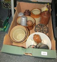 A group of stoneware, to include bowls, jars, cast iron trivet, further kitchenalia, etc. (1 box)