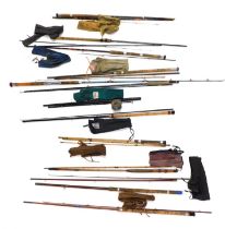 A quantity of vintage fishing rods, an Avon Regal Eagle reel, etc.