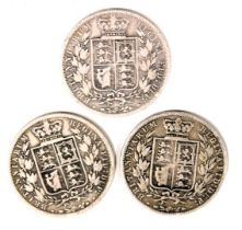 Three Victorian silver half crowns, comprising 1875, 1886 and 1883, 41g all in. (3)