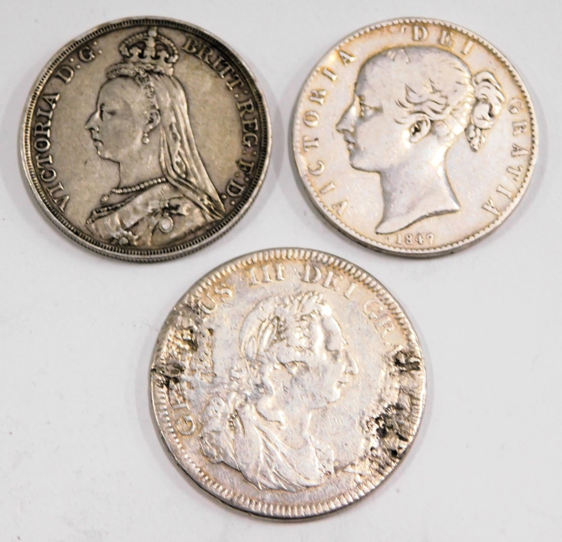 Three George III and later silver crowns, comprising Bank of England 1804, 1847 and 1887, 82.8g all - Image 2 of 2